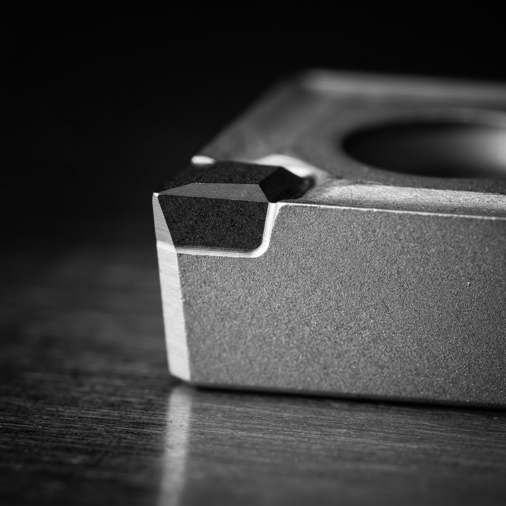 Macro detail of a brazed PCBN tip on the corner of a carbide insert, showing the precision ground cutting edge